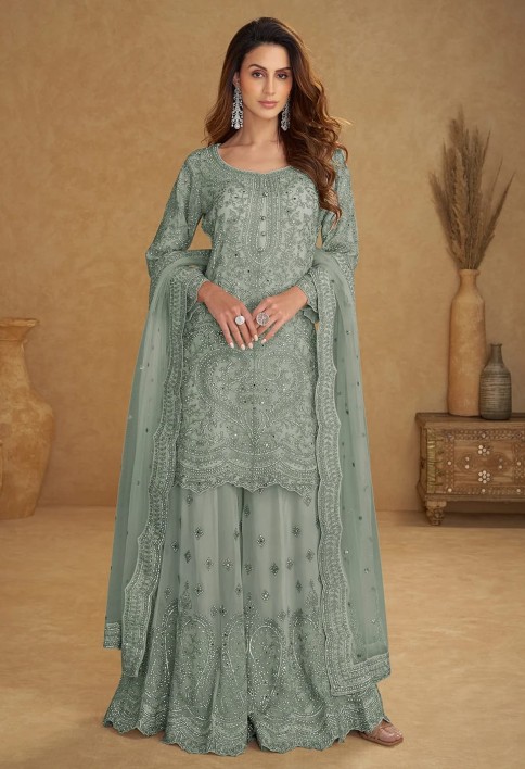 Net Mint Green Embroidered Wedding Palazzo Suit
